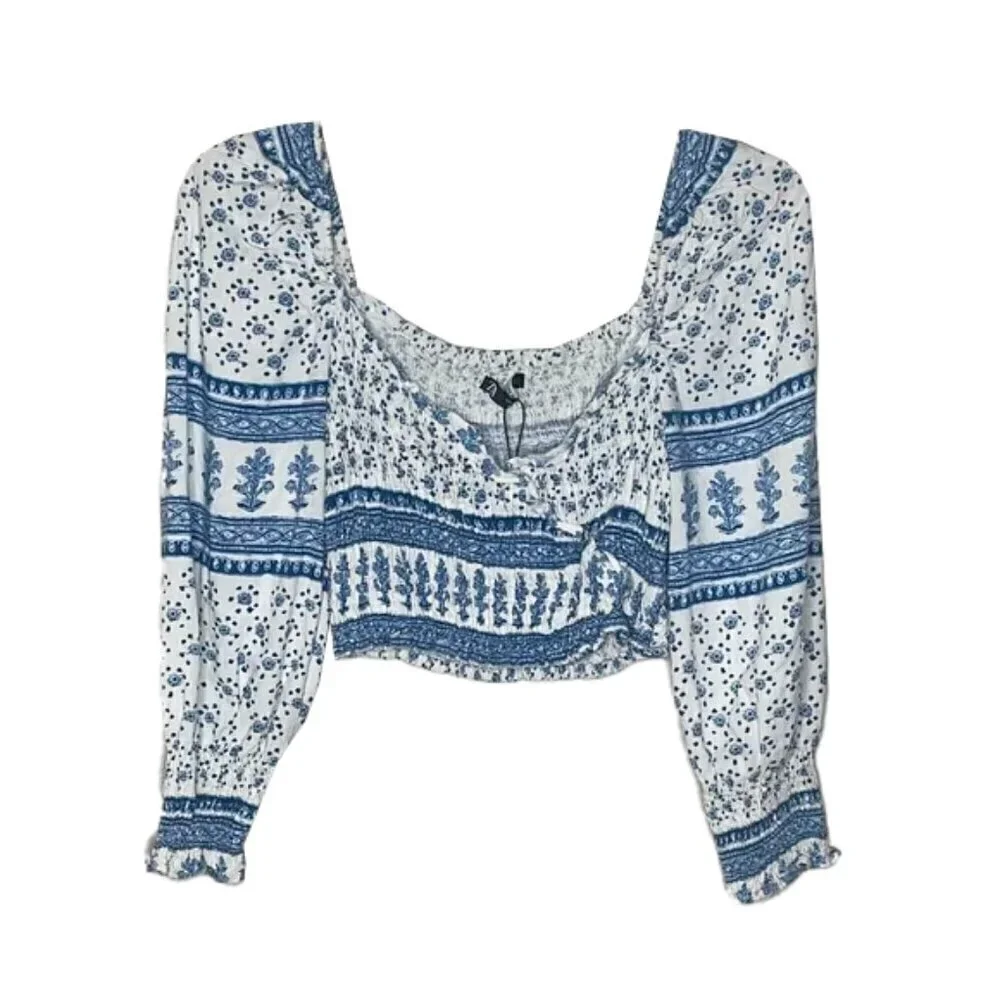 ZARA ruched printed cropped long sleeve Blouse Size S